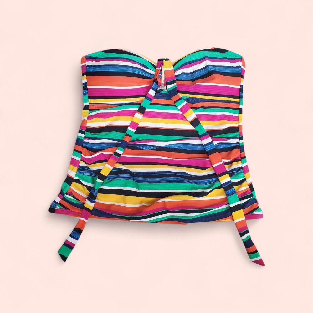 Chaps Womens Tankini Colorful Striped Halter Tie Bandeau Style Swim Top Sz 12